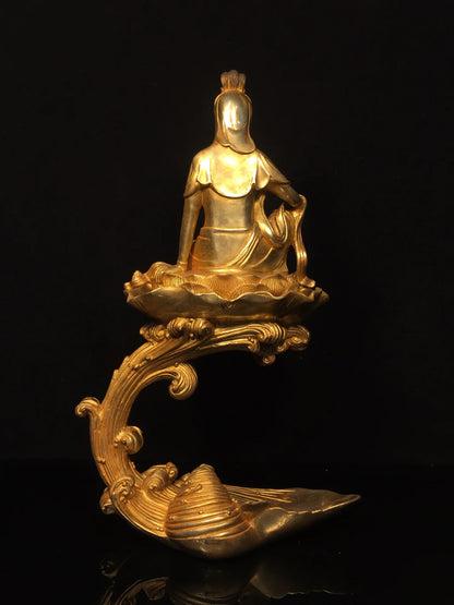 17"Tibetan Temple Collection Old Bronze Gilded Cinnabar Sea Wave Lotus Buddha Platform Guanyin Bodhisattva Sitting Buddha