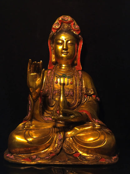 17"Tibetan Temple Collection Old Bronze Gilt painted Clean Bottle Guanyin Bodhisattva Buddha Amitabha worship hall Town House