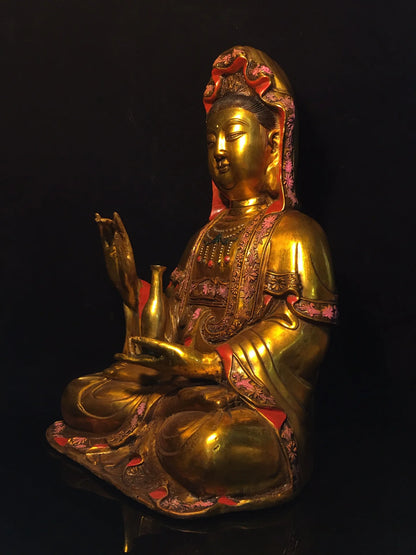 17"Tibetan Temple Collection Old Bronze Gilt painted Clean Bottle Guanyin Bodhisattva Buddha Amitabha worship hall Town House
