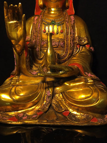 17"Tibetan Temple Collection Old Bronze Gilt painted Clean Bottle Guanyin Bodhisattva Buddha Amitabha worship hall Town House