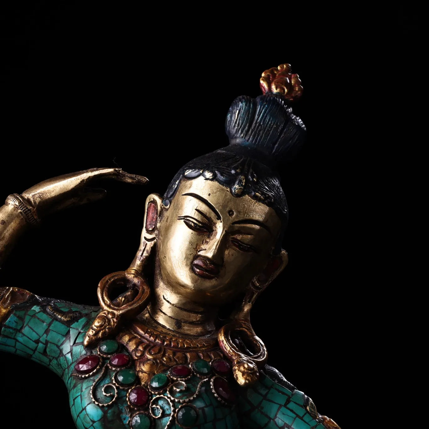 17"Tibetan Temple Collection Old Bronze outline in gold painted mosaic Gem Free Tara Bodhisattva lotus love worship buddha