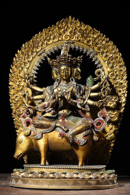 17" Tibetan Temple Collection Old Bronze painted Morizhitian Bodhisattva Marīcī Backlight worship buddha Town House Exorcism