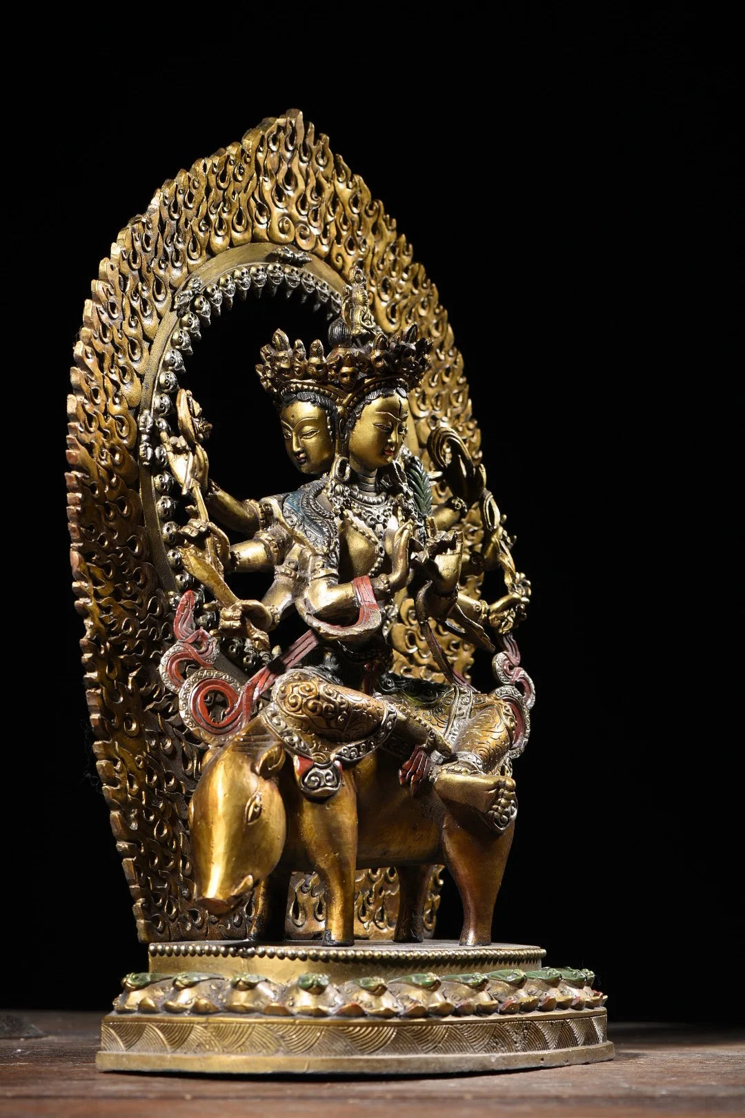 17" Tibetan Temple Collection Old Bronze painted Morizhitian Bodhisattva Marīcī Backlight worship buddha Town House Exorcism