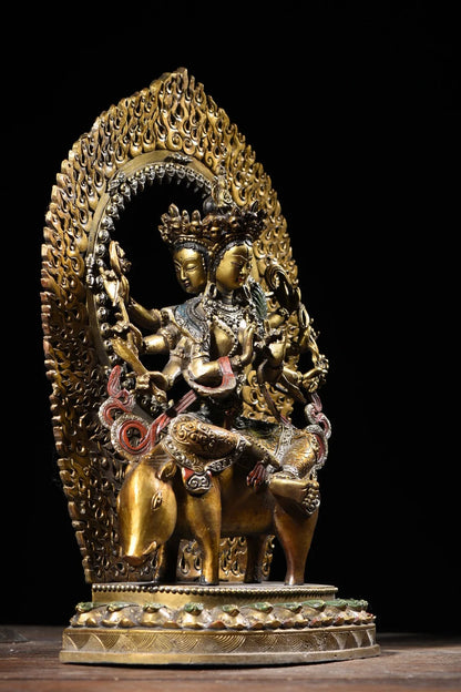 17" Tibetan Temple Collection Old Bronze painted Morizhitian Bodhisattva Marīcī Backlight worship buddha Town House Exorcism