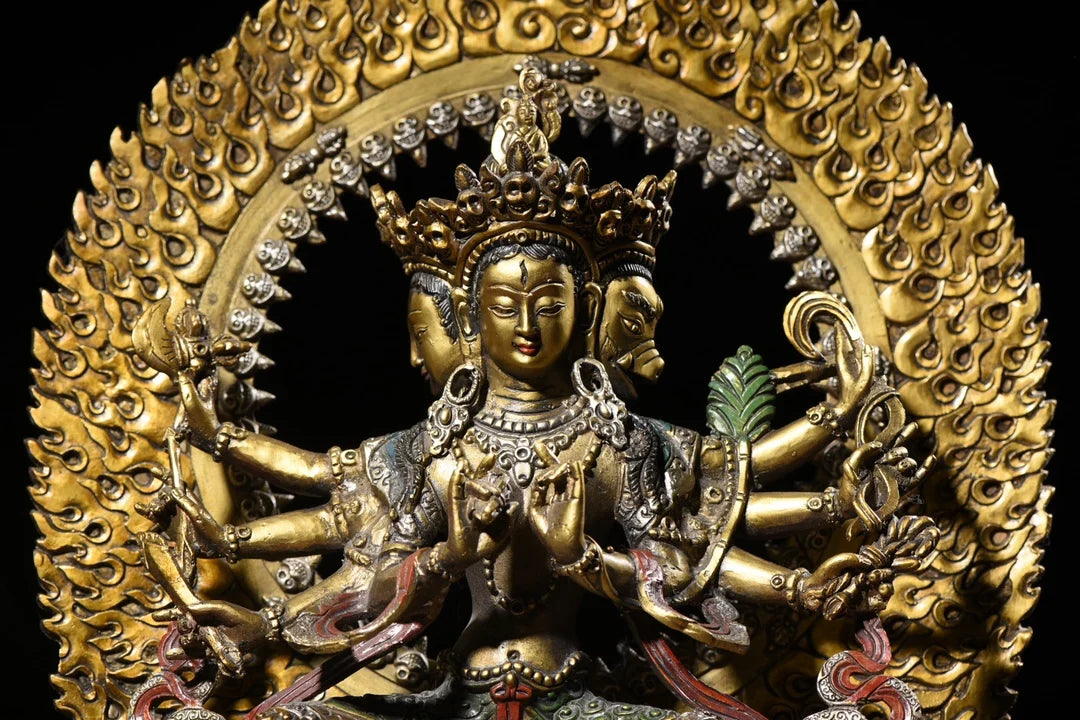 17" Tibetan Temple Collection Old Bronze painted Morizhitian Bodhisattva Marīcī Backlight worship buddha Town House Exorcism