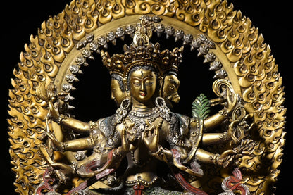 17" Tibetan Temple Collection Old Bronze painted Morizhitian Bodhisattva Marīcī Backlight worship buddha Town House Exorcism