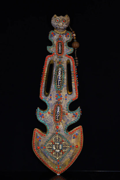 17"Tibetan Temple Collection Old Natural Meteorite Cinnabar Gem gZi Beads Animal head sword shape Pendant Amulet Town house