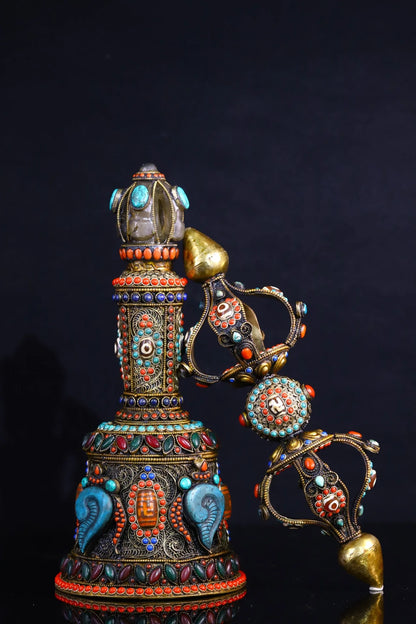 17"Tibetan Temple Collection Old Tibetan silver Gilt mosaic Natural Crystal gem rattle Vajra set ornament Town house Exorcism