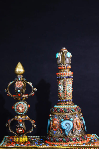 17"Tibetan Temple Collection Old Tibetan silver Gilt mosaic Natural Crystal gem rattle Vajra set ornament Town house Exorcism