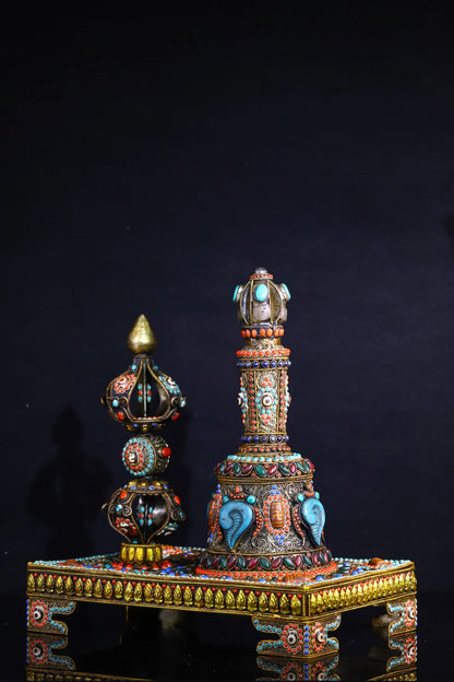 17"Tibetan Temple Collection Old Tibetan silver Gilt mosaic Natural Crystal gem rattle Vajra set ornament Town house Exorcism
