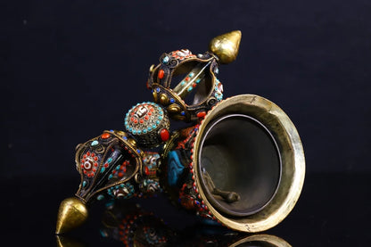 17"Tibetan Temple Collection Old Tibetan silver Gilt mosaic Natural Crystal gem rattle Vajra set ornament Town house Exorcism