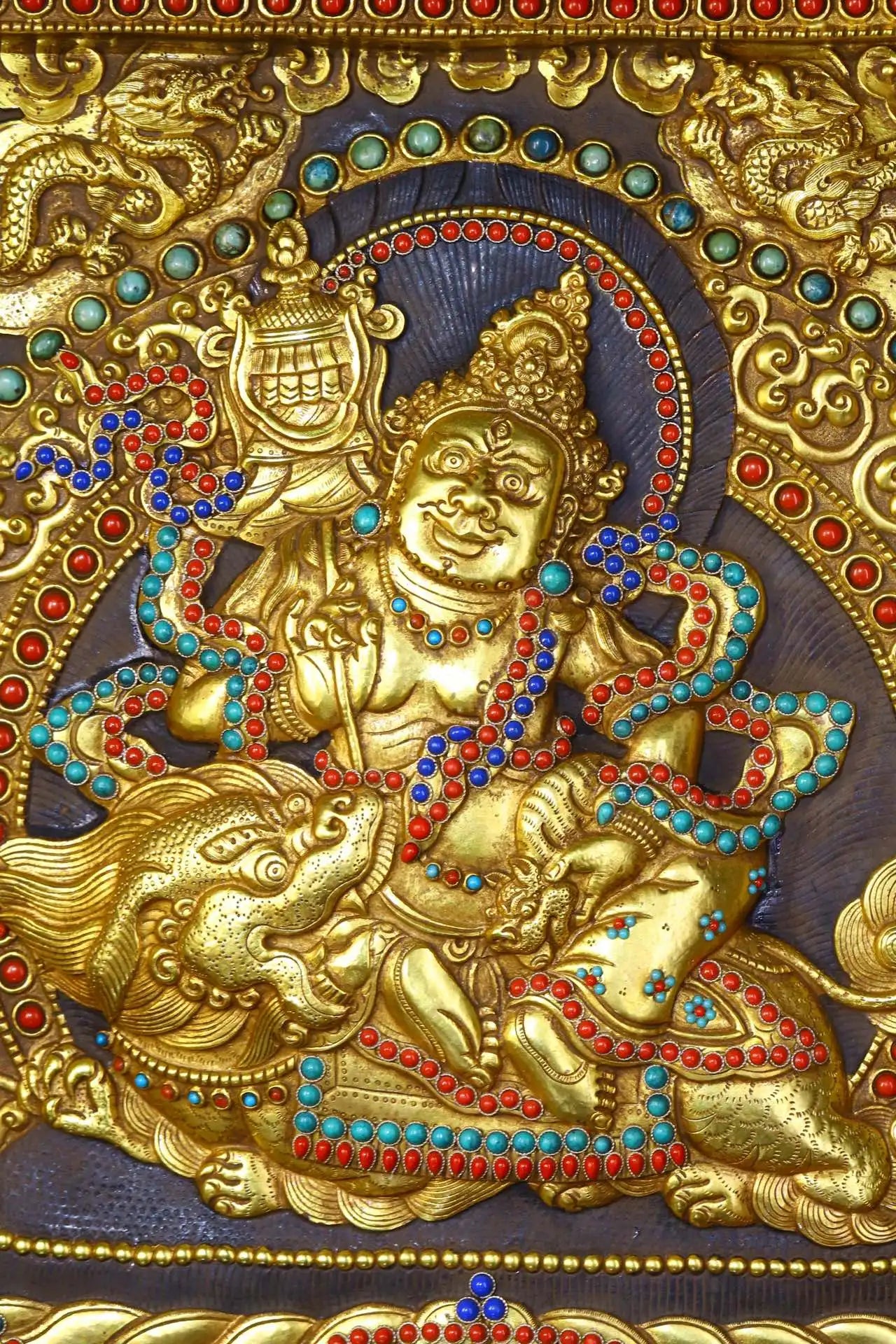 17"Tibetan Temple Collection Old Tibetan silver Outline in gold Gem Vaisravana Treasure King thangka mandala  Town House