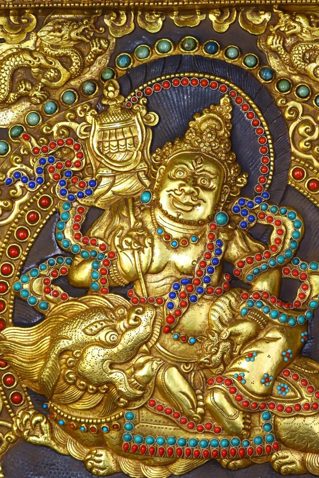 17"Tibetan Temple Collection Old Tibetan silver Outline in gold Gem Vaisravana Treasure King thangka mandala  Town House