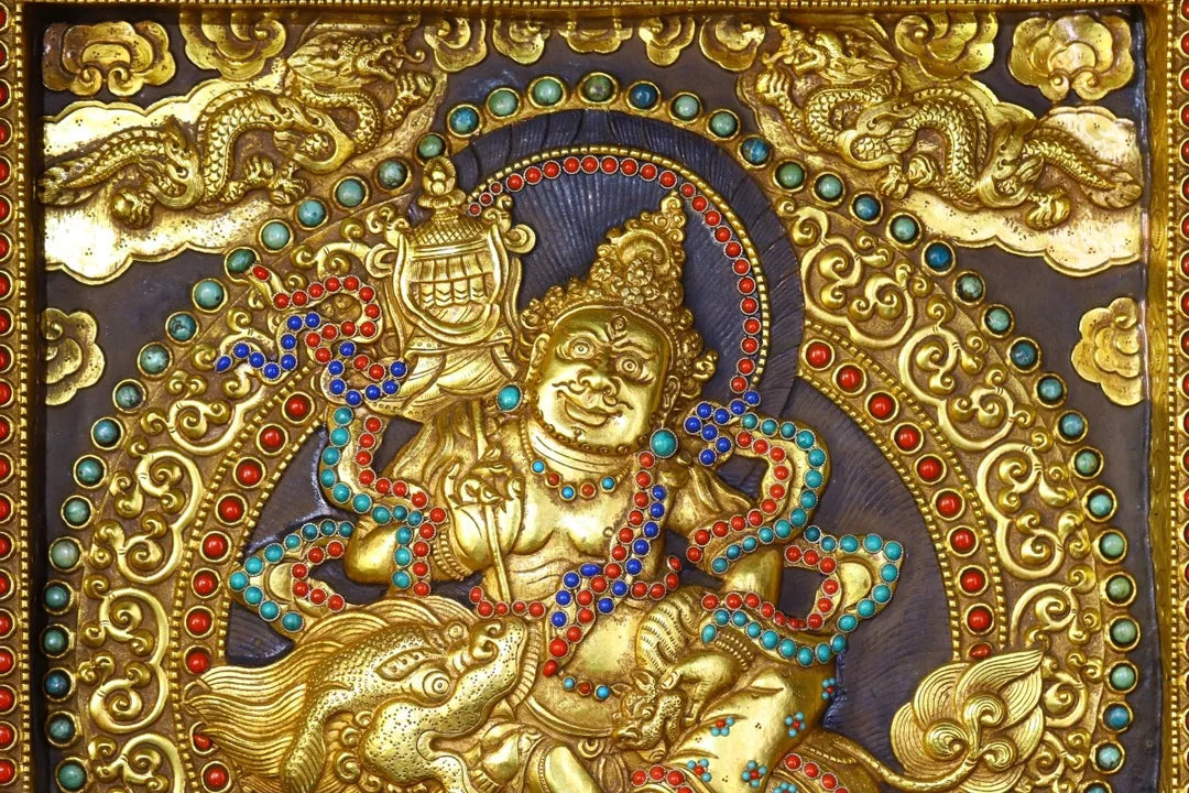 17"Tibetan Temple Collection Old Tibetan silver Outline in gold Gem Vaisravana Treasure King thangka mandala  Town House