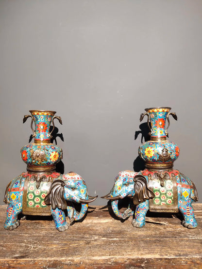 17"Tibetan Temple Collection Purple Bronze Cloisonne elephant statue Taiping Elephant vase a pair Gather fortune Town house