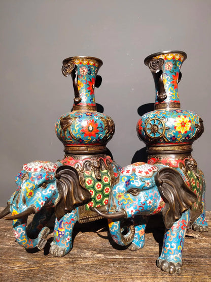 17"Tibetan Temple Collection Purple Bronze Cloisonne elephant statue Taiping Elephant vase a pair Gather fortune Town house