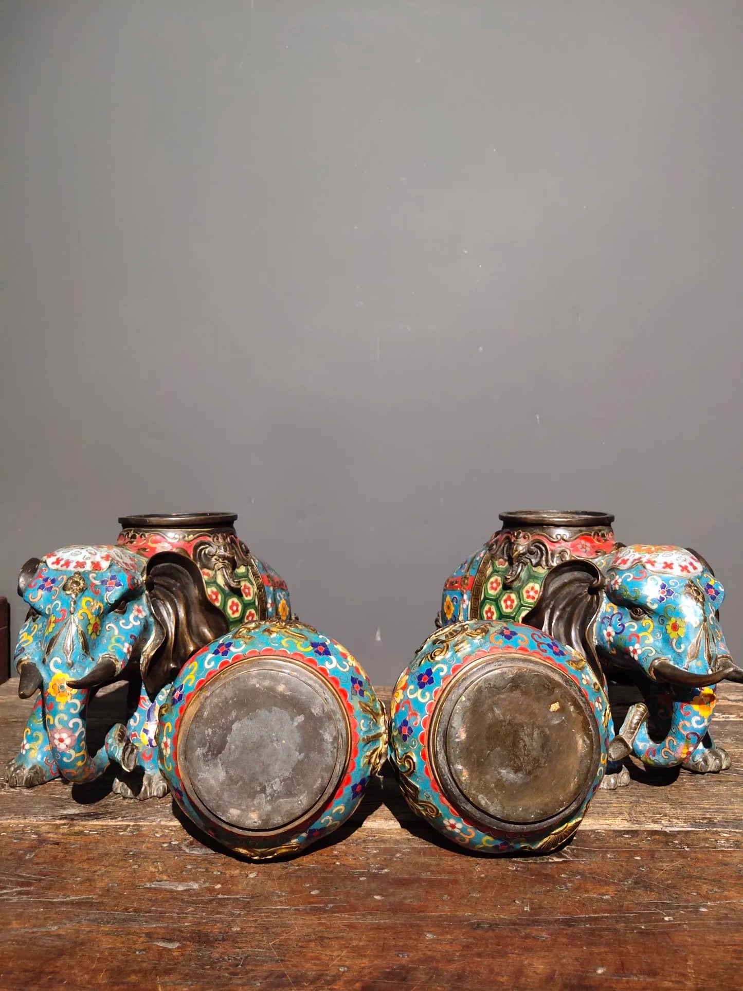 17"Tibetan Temple Collection Purple Bronze Cloisonne elephant statue Taiping Elephant vase a pair Gather fortune Town house