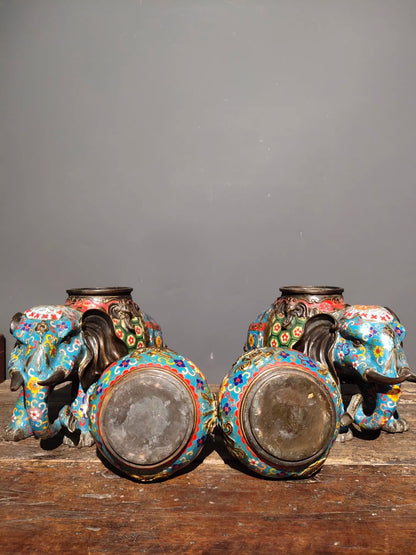 17"Tibetan Temple Collection Purple Bronze Cloisonne elephant statue Taiping Elephant vase a pair Gather fortune Town house