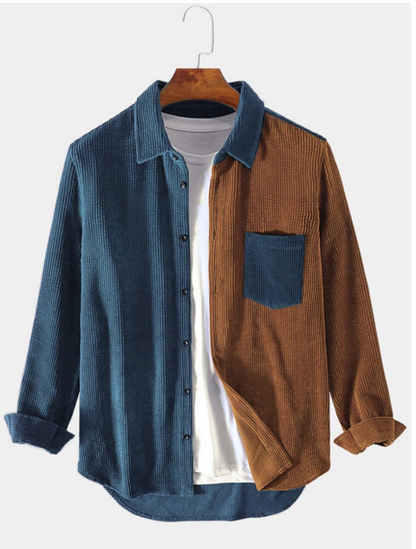 New Mens Spliced Corduroy Shirt Long Sleeve Jacket Button Up Casual Regular Fit
