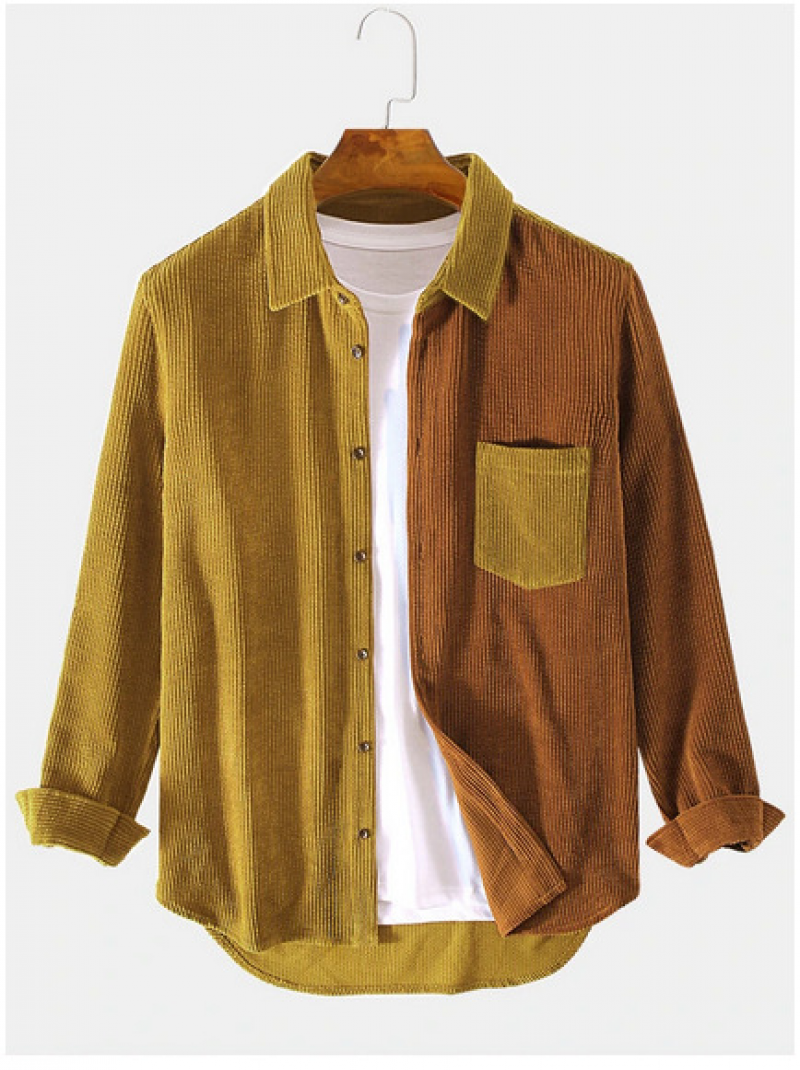 New Mens Spliced Corduroy Shirt Long Sleeve Jacket Button Up Casual Regular Fit