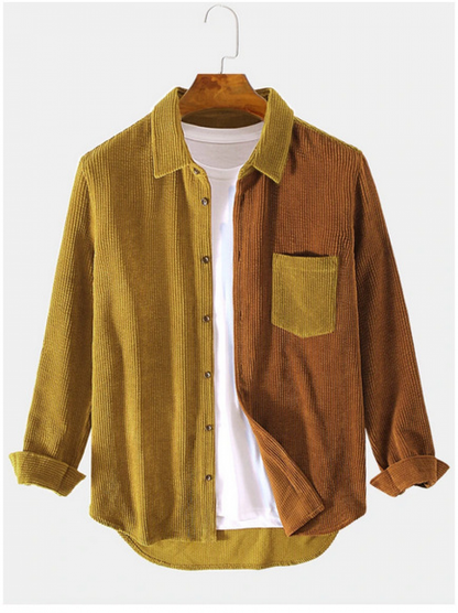 New Mens Spliced Corduroy Shirt Long Sleeve Jacket Button Up Casual Regular Fit