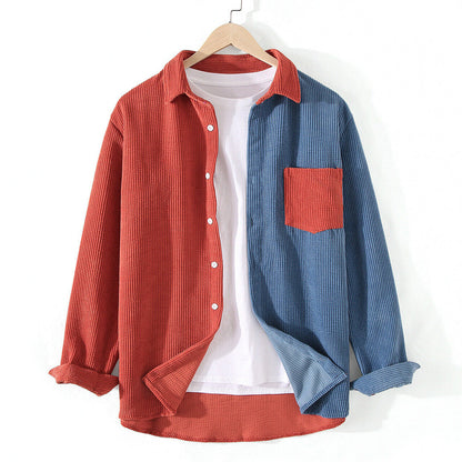 New Mens Spliced Corduroy Shirt Long Sleeve Jacket Button Up Casual Regular Fit