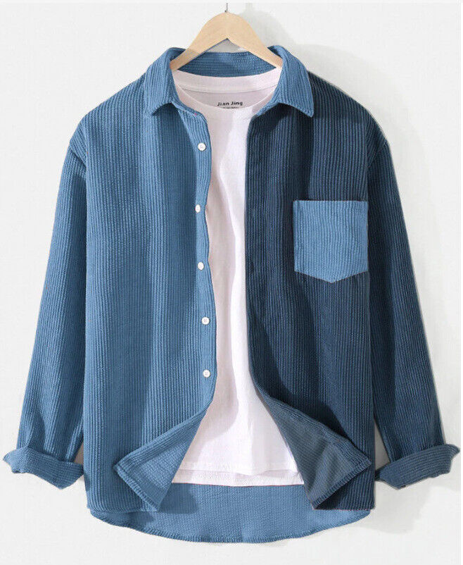 New Mens Spliced Corduroy Shirt Long Sleeve Jacket Button Up Casual Regular Fit