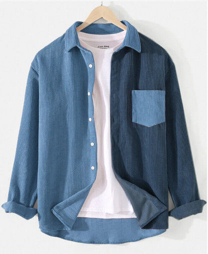 New Mens Spliced Corduroy Shirt Long Sleeve Jacket Button Up Casual Regular Fit