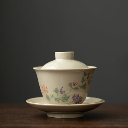 Retro Chinese Style Ceramic Covered Bowl Tea Cup Kung Fu Tea Set