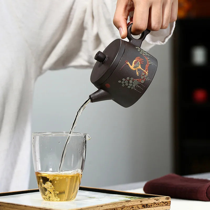 170ML Real Handmade Yixing Black Gold Sand Teapot Clay Kettle Crane Pattern Meaning Health Longevity Puer Kung Fu Tea Pot