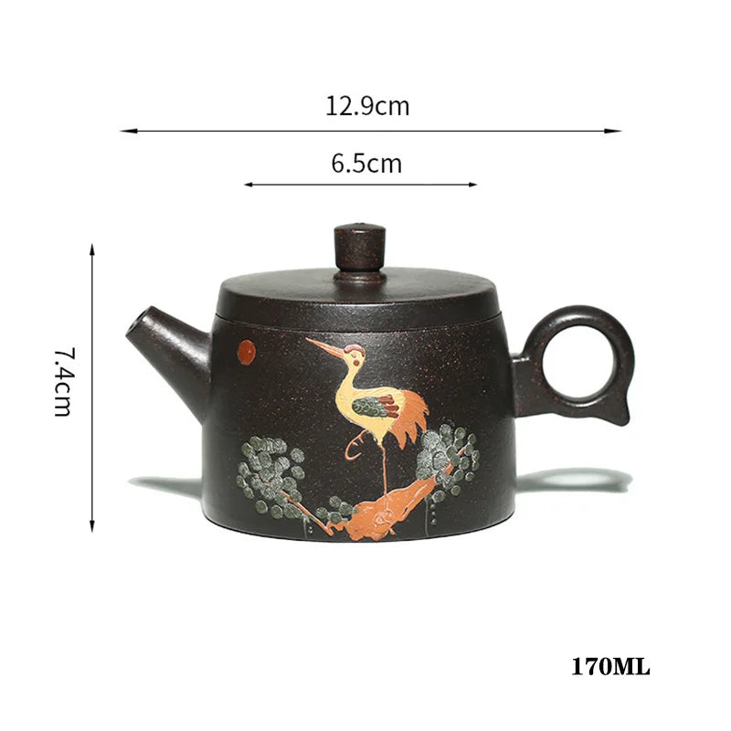 170ML Real Handmade Yixing Black Gold Sand Teapot Clay Kettle Crane Pattern Meaning Health Longevity Puer Kung Fu Tea Pot