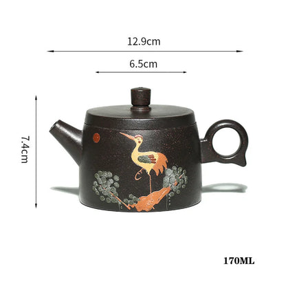 170ML Real Handmade Yixing Black Gold Sand Teapot Clay Kettle Crane Pattern Meaning Health Longevity Puer Kung Fu Tea Pot