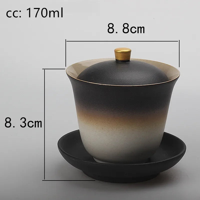 170ml Black Pottery Chinese Gaiwan Wedding Ceramic Tea Infuser Household Porcelain Tea Set Handmade Tea Bowl Teacup with Lid