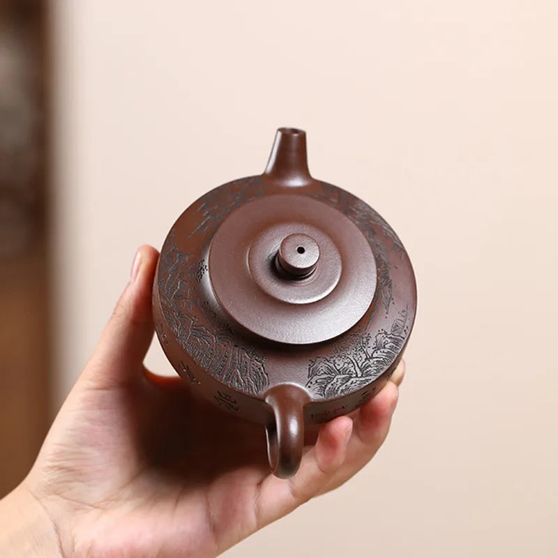 170ml Chinese Yixing Handmade Purple Clay Teapots Kettle Famous Artists  Hand-carved Landscape Tea Pot Raw Ore Zisha Tea Set