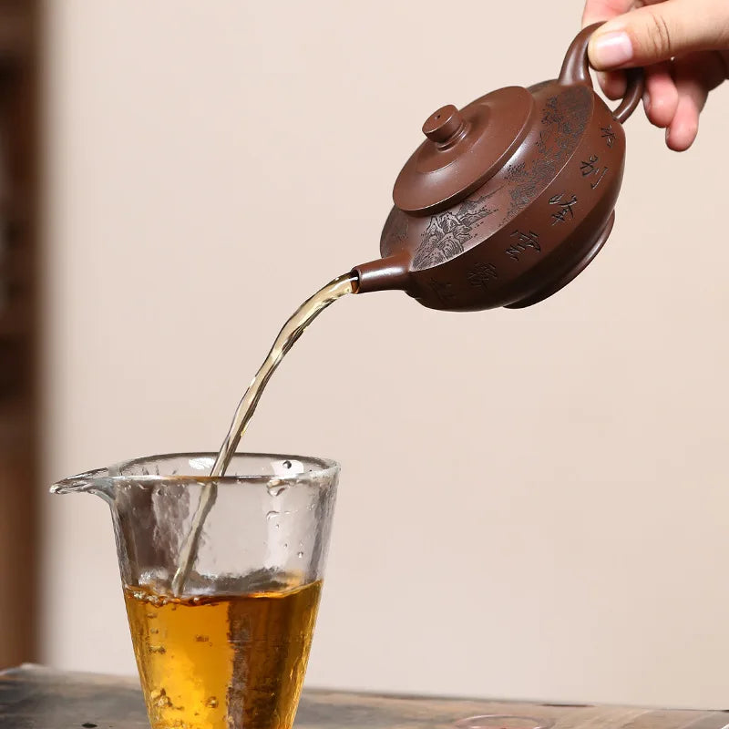 170ml Chinese Yixing Handmade Purple Clay Teapots Kettle Famous Artists  Hand-carved Landscape Tea Pot Raw Ore Zisha Tea Set
