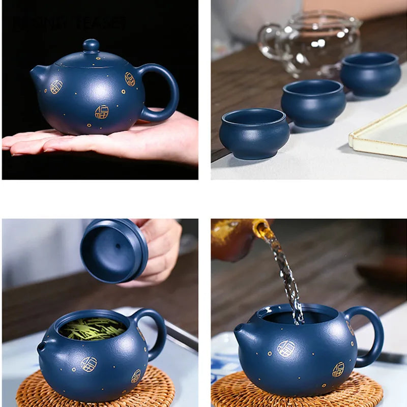 170ml Chinese Yixing Purple Clay Teapots Ball Shaped Infuser Xishi Tea Pot Raw Ore Dark Green Mud Kettle Handmade Zisha Tea Set