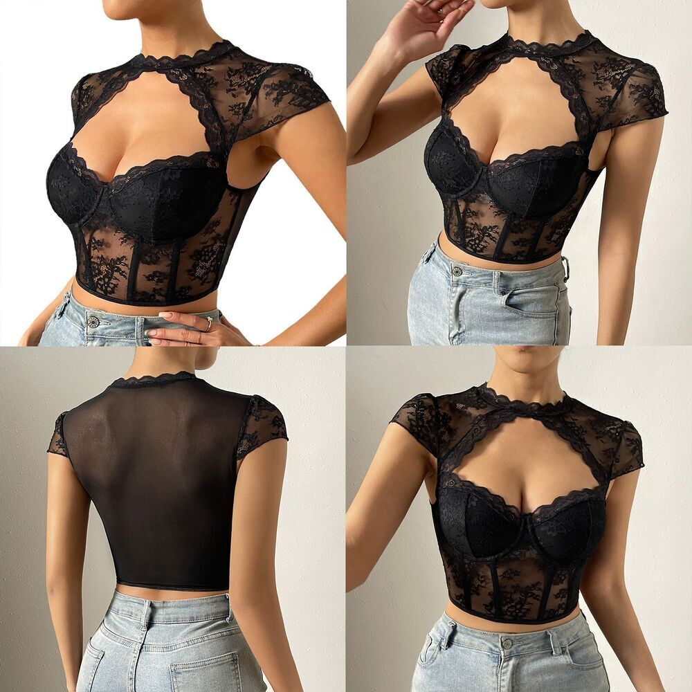 Womens Floral Lace Corset Sexy See-Through Cut Out Crop Top Bustier Clubwear