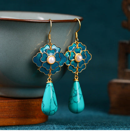 Jingtai Blue Camellia Dian Cui Pearl Earrings Imitation of pine stone