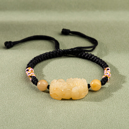 Certified Natural Yellow Jade Pixiu Hand Woven Peach Blossom Knot Bracelet