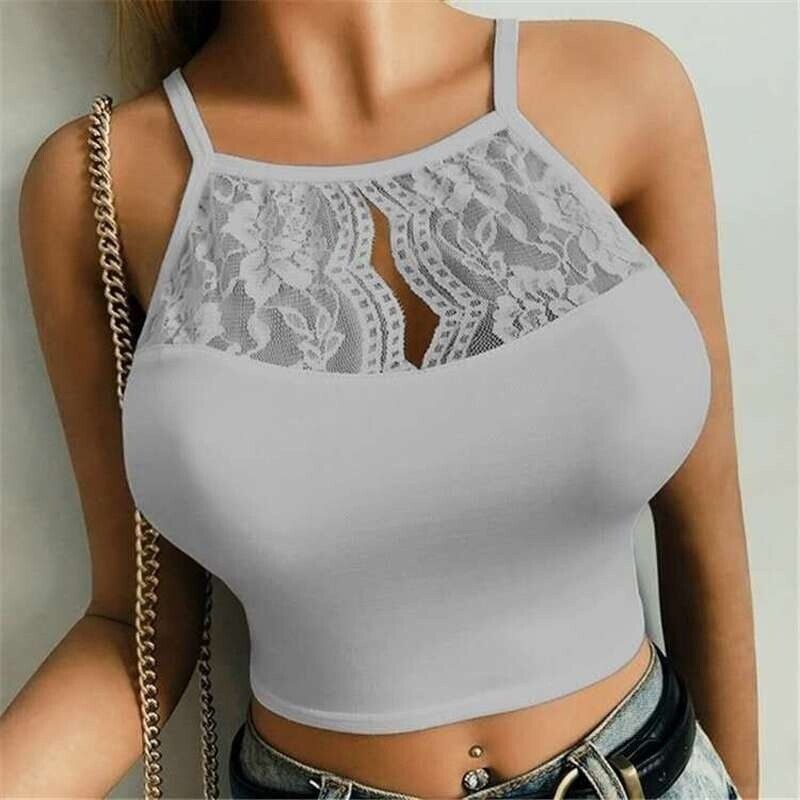 Sexy Ladies Plain Vest Top Lace Trim Neck Design Cami Strappy Camisole Tank Bra