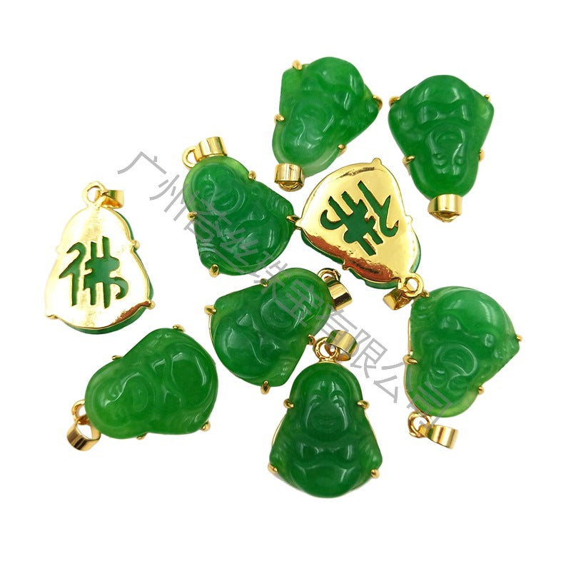 New 18K Yellow with Green Jade Buddha Pendant 1.10Inch H 佛