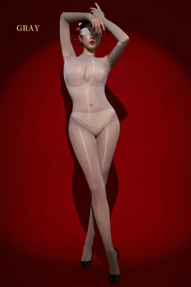Unisex Oil Shiny Bodysuit Glossy Transparent Seamless Full Bodystocking Jumpsuit