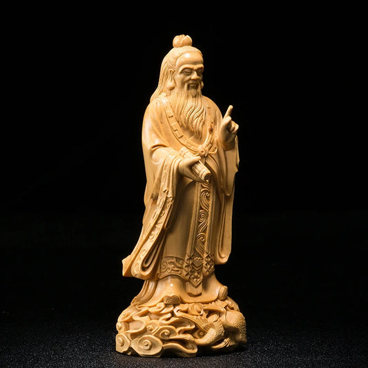 17CM Boxwood Laozi Sculpture Saint Taoism Feng Shui Wood Statue Laozi Figurine Home Decoration