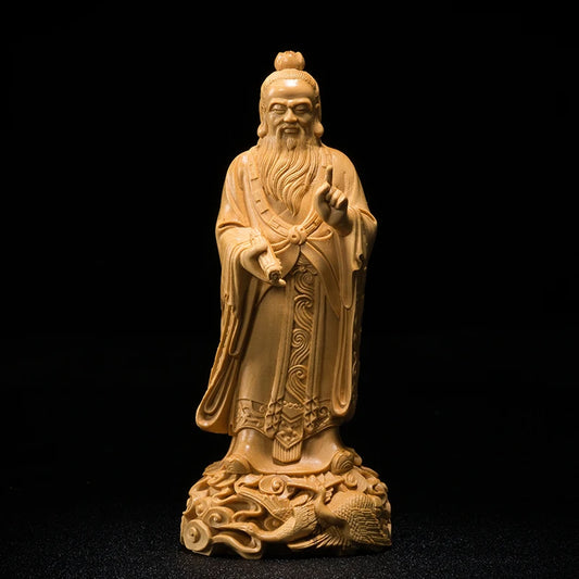 17CM Boxwood Laozi Sculpture Saint Taoism Feng Shui Wood Statue Laozi Figurine Home Decoration