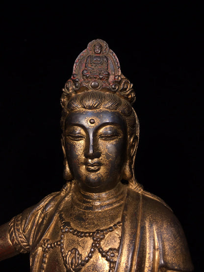 18"Tibet Temple Collection Old Bronze Cinnabar Mud gold Free Guanyin Bodhisattva Buddha Avalokitesvara Worship Hall Town house