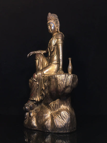 18"Tibet Temple Collection Old Bronze Cinnabar Mud gold Free Guanyin Bodhisattva Buddha Avalokitesvara Worship Hall Town house