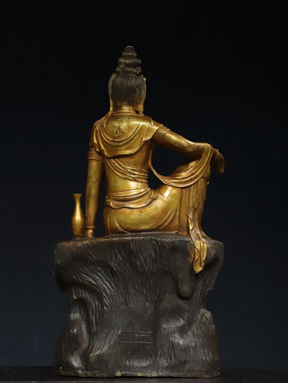 18"Tibet Temple Collection Old Bronze Gilded Cinnabar Shuiyue Guanyin Bodhisattva Sitting Buddha Worship Hall Town house