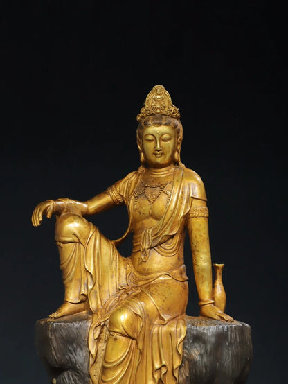 18"Tibet Temple Collection Old Bronze Gilded Cinnabar Shuiyue Guanyin Bodhisattva Sitting Buddha Worship Hall Town house