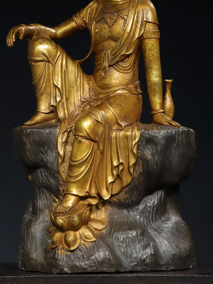 18"Tibet Temple Collection Old Bronze Gilded Cinnabar Shuiyue Guanyin Bodhisattva Sitting Buddha Worship Hall Town house