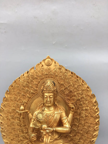 18"Tibet Temple Collection Old Bronze Gilding Mahamayuri Peacock Daming King Lotus Stage Sitting Buddha Worship Hall Town house